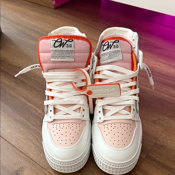 Off-White Pink and White High-Tops with Orange Accents - Picture 1 of 2